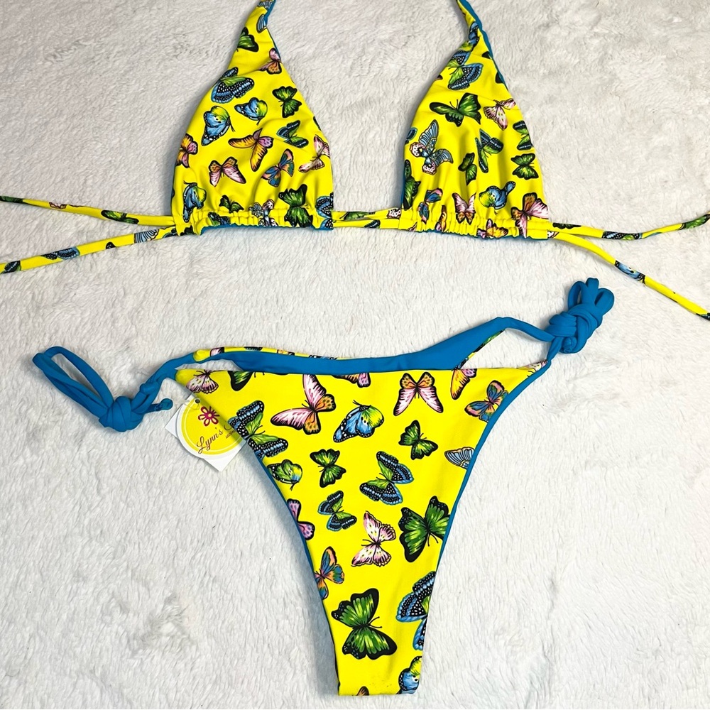 NWT Yellow Butterfly Print Triangle String Bikini Set with Blue Trim Size Small